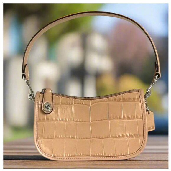 Coach Swinger Bag 20 Croc Embossed Leather Buff Shoulder Bag 80s CP024 Beige - Picture 1 of 10